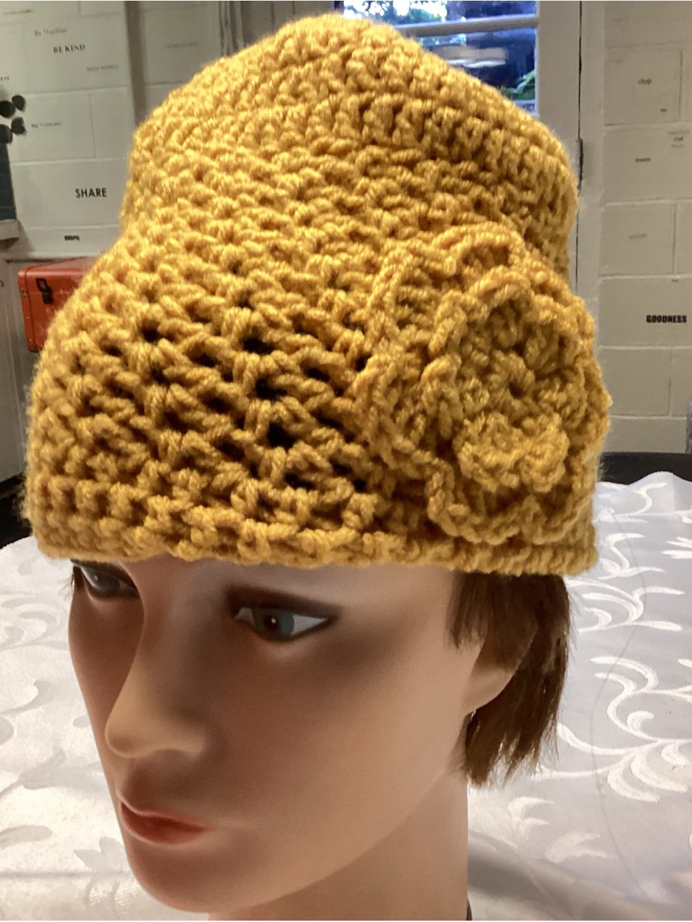 Handmade Mustard Yellow Crochet Beanie with Flower Accent